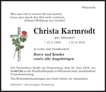 Traueranzeige von Christa Karmrodt von Hildesheimer Allgemeine Zeitung