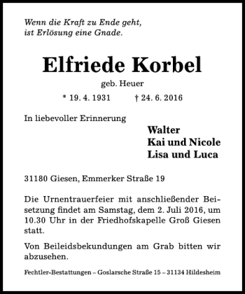 Traueranzeige von Elfriede Korbel von Hildesheimer Allgemeine Zeitung