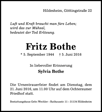 Traueranzeige von Fritz Bothe von Hildesheimer Allgemeine Zeitung