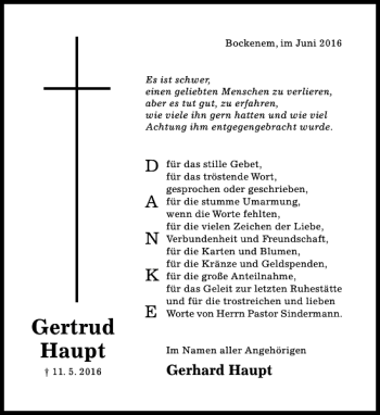 Traueranzeige von Gertrud Haupt von Hildesheimer Allgemeine Zeitung