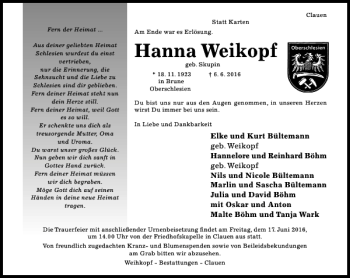 Traueranzeige von Hanna Weikopf von Hildesheimer Allgemeine Zeitung