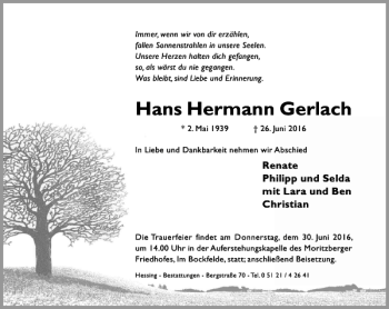 Traueranzeige von Hans Hermann Gerlach von Hildesheimer Allgemeine Zeitung