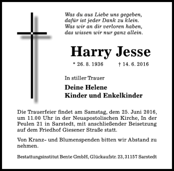 Traueranzeige von Harry Jesse von Hildesheimer Allgemeine Zeitung