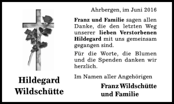 Traueranzeige von Hildegard Wildschütte von Hildesheimer Allgemeine Zeitung