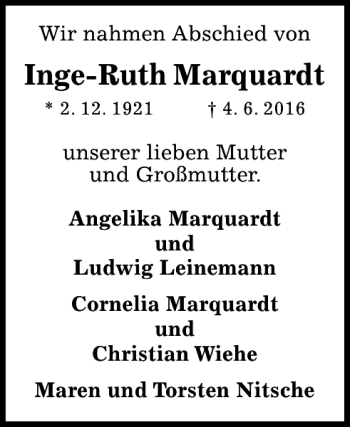 Traueranzeige von Inge-Ruth Marquardt von Hildesheimer Allgemeine Zeitung