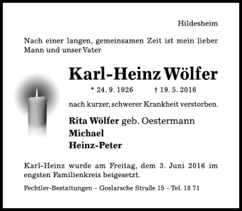 Traueranzeige von Karl-Heinz Wölfer von Hildesheimer Allgemeine Zeitung
