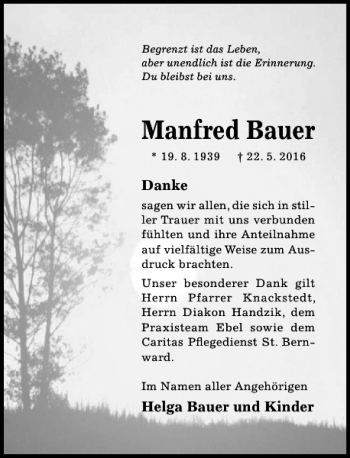 Traueranzeige von Manfred Bauer von Hildesheimer Allgemeine Zeitung