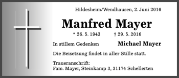 Traueranzeige von Manfred Mayer von Hildesheimer Allgemeine Zeitung