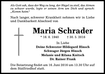 Traueranzeige von Maria Schrader von Hildesheimer Allgemeine Zeitung