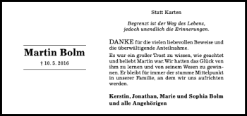 Traueranzeige von Martin Bolm von Hildesheimer Allgemeine Zeitung