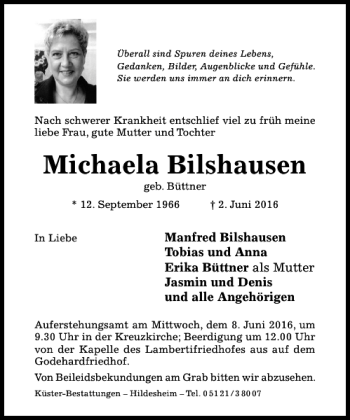 Traueranzeige von Michaela Bilshausen von Hildesheimer Allgemeine Zeitung