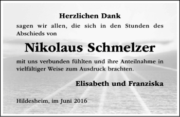 Traueranzeige von Nikolaus Schmelzer von Hildesheimer Allgemeine Zeitung