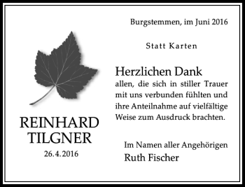 Traueranzeige von REINHARD TILGNER von Hildesheimer Allgemeine Zeitung