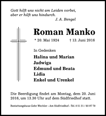 Traueranzeige von Roman Manko von Hildesheimer Allgemeine Zeitung