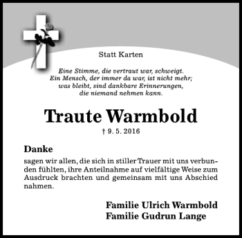 Traueranzeige von Traute Warmbold von Hildesheimer Allgemeine Zeitung