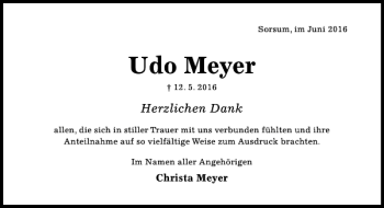 Traueranzeige von Udo Meyer von Hildesheimer Allgemeine Zeitung