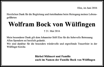 Traueranzeige von Wolfram Bock von Wülfingen von Hildesheimer Allgemeine Zeitung