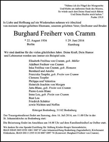 Traueranzeige von Burghard Freiherr von Cramm von Hildesheimer Allgemeine Zeitung