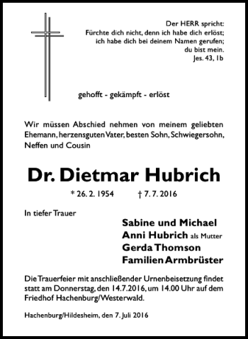 Traueranzeige von Dr. Dietmar Hubrich von Hildesheimer Allgemeine Zeitung