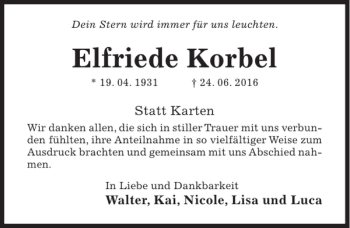 Traueranzeige von Elfriede Korbel von Hildesheimer Allgemeine Zeitung