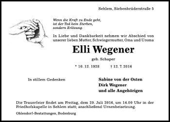 Traueranzeige von Elli Wegener von Hildesheimer Allgemeine Zeitung