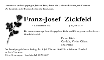 Traueranzeige von Franz-Josef Zickfeld von Hildesheimer Allgemeine Zeitung