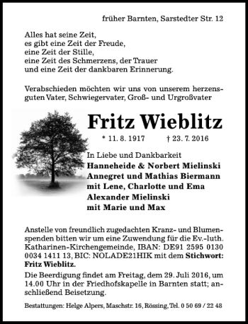 Traueranzeige von Fritz Wieblitz von Hildesheimer Allgemeine Zeitung