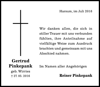 Traueranzeige von Gertrud Pinkepank von Hildesheimer Allgemeine Zeitung