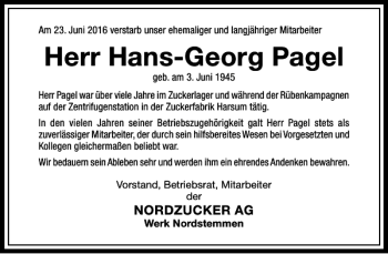 Traueranzeige von Hans-Georg Pagel von Hildesheimer Allgemeine Zeitung