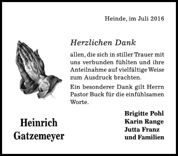 Traueranzeige von Heinrich Gatzemeyer von Hildesheimer Allgemeine Zeitung
