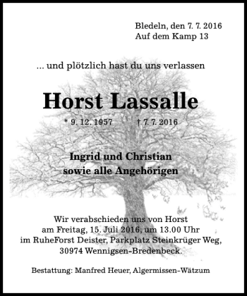 Traueranzeige von Horst Lassalle von Hildesheimer Allgemeine Zeitung