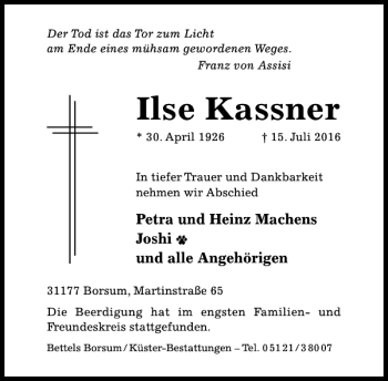 Traueranzeige von Ilse Kassner von Hildesheimer Allgemeine Zeitung