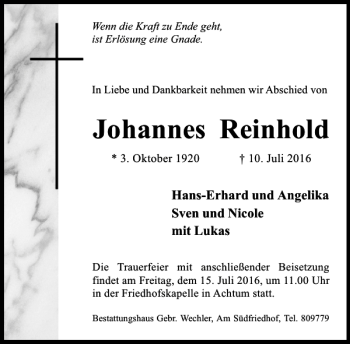 Traueranzeige von Johannes Reinhold von Hildesheimer Allgemeine Zeitung