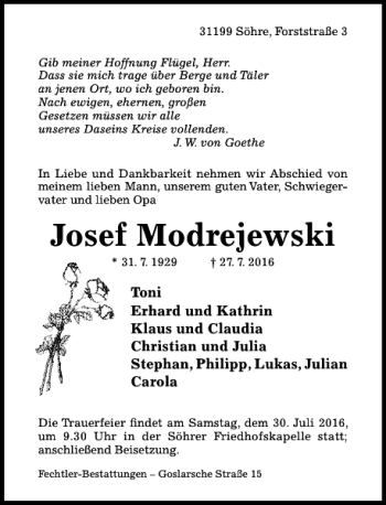 Traueranzeige von Josef Modrejewski von Hildesheimer Allgemeine Zeitung