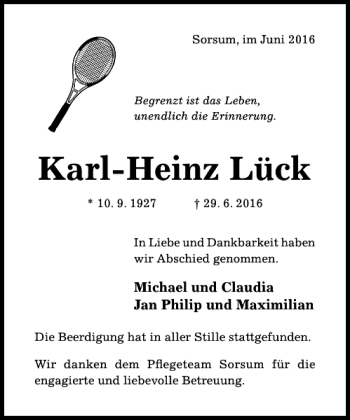 Traueranzeige von Karl-Heinz Lück von Hildesheimer Allgemeine Zeitung