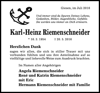 Traueranzeige von Karl-Heinz Riemenschneider von Hildesheimer Allgemeine Zeitung