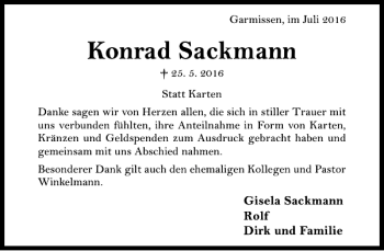 Traueranzeige von Konrad Sackmann von Hildesheimer Allgemeine Zeitung