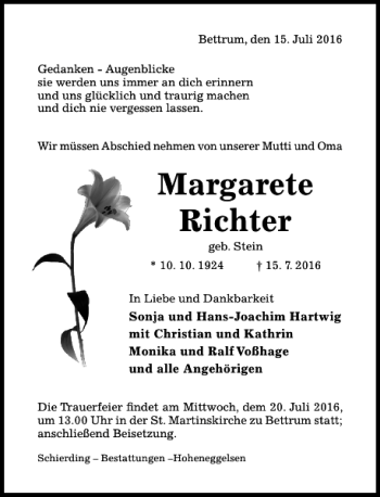 Traueranzeige von Margarete Richter von Hildesheimer Allgemeine Zeitung