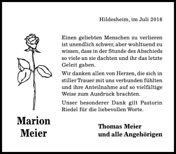 Traueranzeige von Marion Meier von Hildesheimer Allgemeine Zeitung