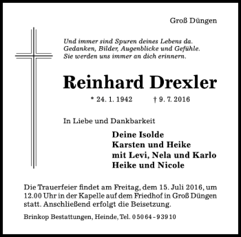 Traueranzeige von Reinhard Drexler von Hildesheimer Allgemeine Zeitung