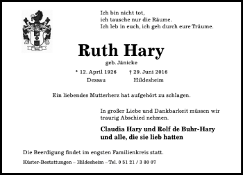 Traueranzeige von Ruth Hary von Hildesheimer Allgemeine Zeitung