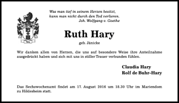 Traueranzeige von Ruth Hary von Hildesheimer Allgemeine Zeitung