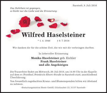 Traueranzeige von Wilfred Haselsteiner von Hildesheimer Allgemeine Zeitung