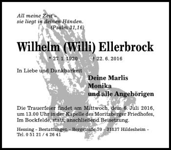 Traueranzeige von Wilhelm Willi Ellerbrock von Hildesheimer Allgemeine Zeitung
