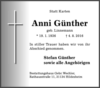Traueranzeige von Anni Günther von Hildesheimer Allgemeine Zeitung