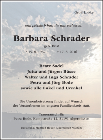 Traueranzeige von Barbara Schrader von Hildesheimer Allgemeine Zeitung