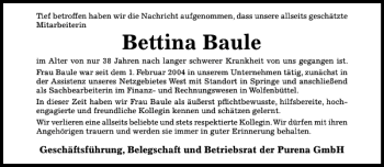 Traueranzeige von Bettina Baule von Hildesheimer Allgemeine Zeitung
