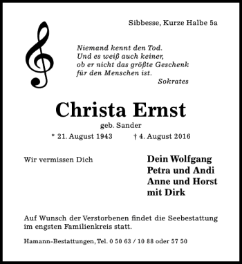 Traueranzeige von Christa Ernst von Hildesheimer Allgemeine Zeitung
