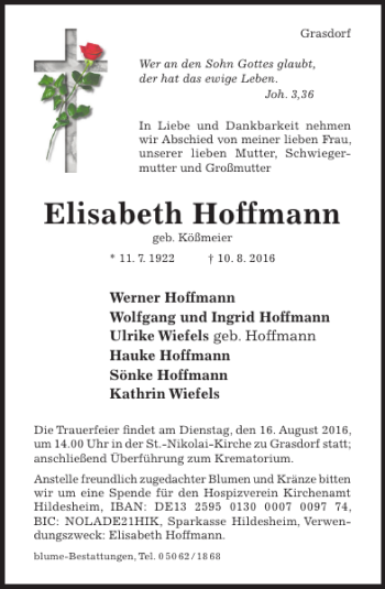 Traueranzeige von Elisabeth Hoffmann von Hildesheimer Allgemeine Zeitung