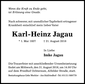 Traueranzeige von Karl-Heinz Jagau von Hildesheimer Allgemeine Zeitung